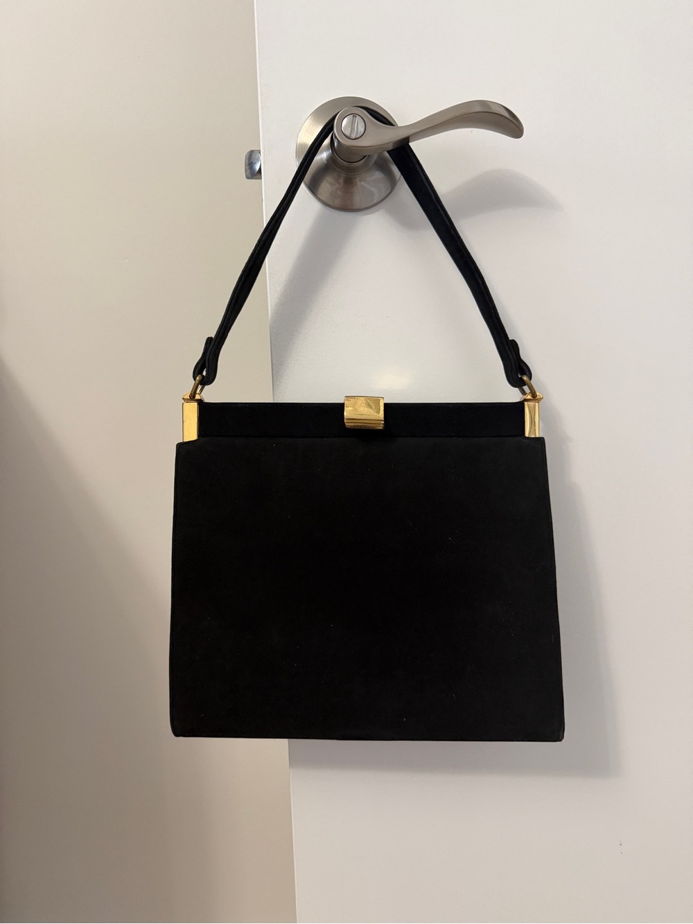 Vintage Black Suede Top-Handle Bag with Gold Hardware